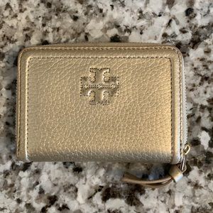 Gold Authentic Tory Burch zip closure wallet